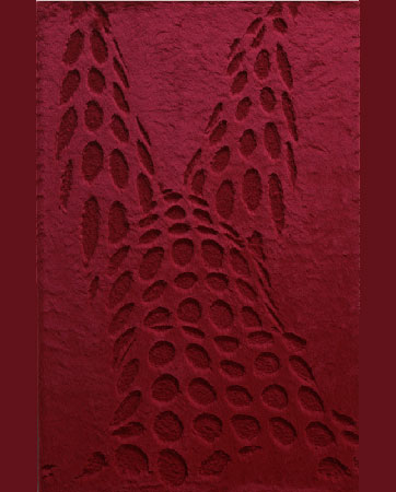 Female body sculpted in red acrylic fur with 3D effects on soft surface
